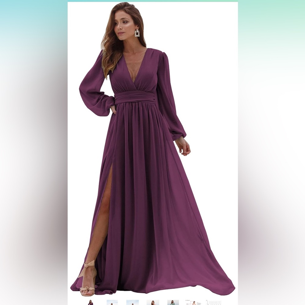 NWT Long A-line Ruched Chiffon Bridesmaid Dresses with Leg Slit Gown Size 6 Plum